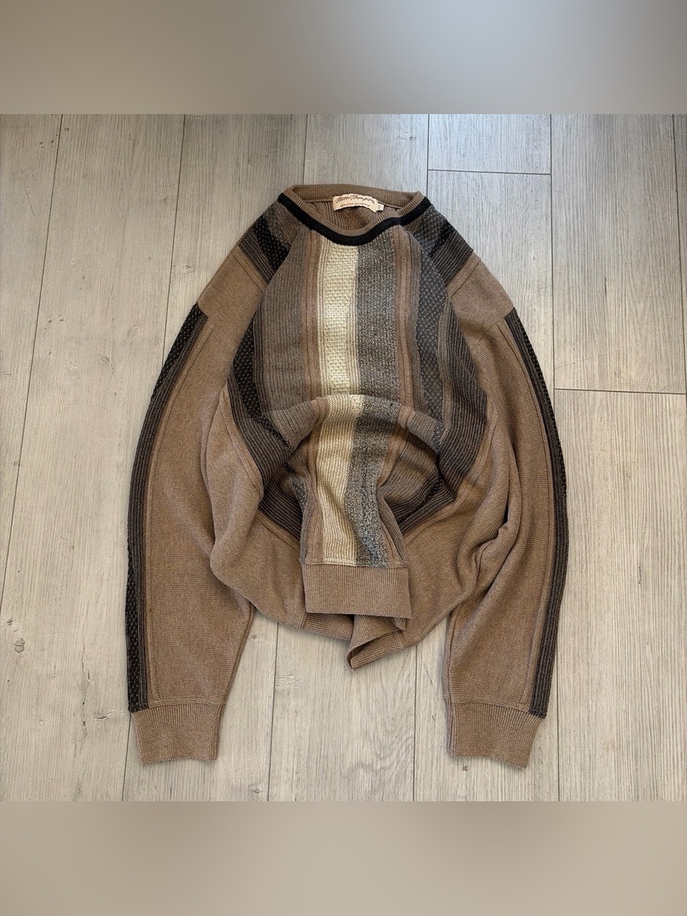 Norm Thompson Brown and Cream Striped Men’s Crewneck Sweater